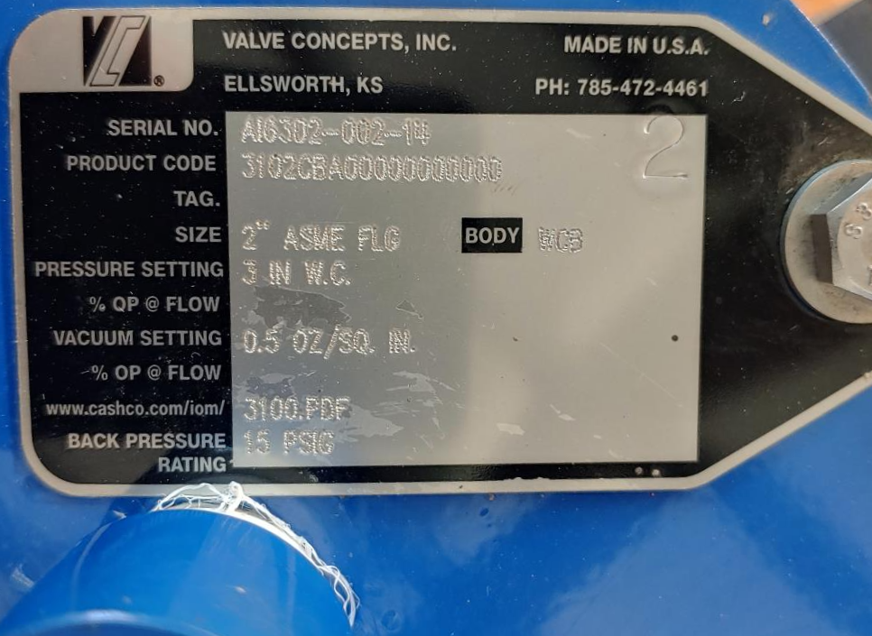 Valve Concepts 2" 150# WCB Vacuum Pressure Relief Vent Valve 3102CBA00000000000