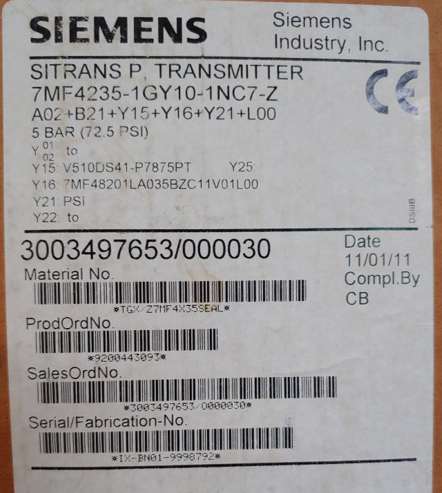SIEMENS SITRANS P DIFFERENTIAL PRESSURE TRANSMITTER 7MF4235-1GY10-1NC7-Z