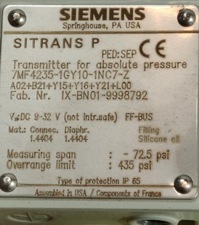 SIEMENS SITRANS P DIFFERENTIAL PRESSURE TRANSMITTER 7MF4235-1GY10-1NC7-Z
