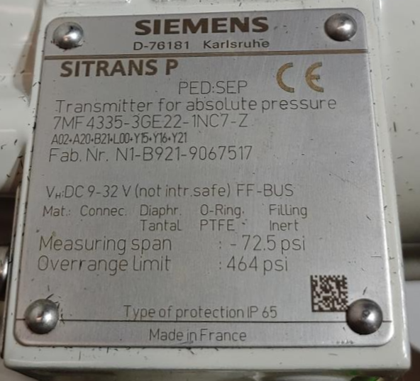 SIEMENS SITRANS P DIFFERENTIAL PRESSURE TRANSMITTER 7MF4335-3GE22-1NC7-Z