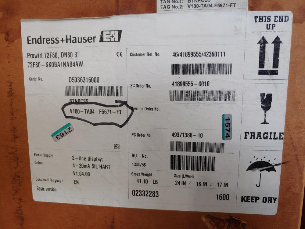 Endress Hauser Prowirl F 3" 150# Stainless Flow Meter 72F80-SK0BA1NAB4AW