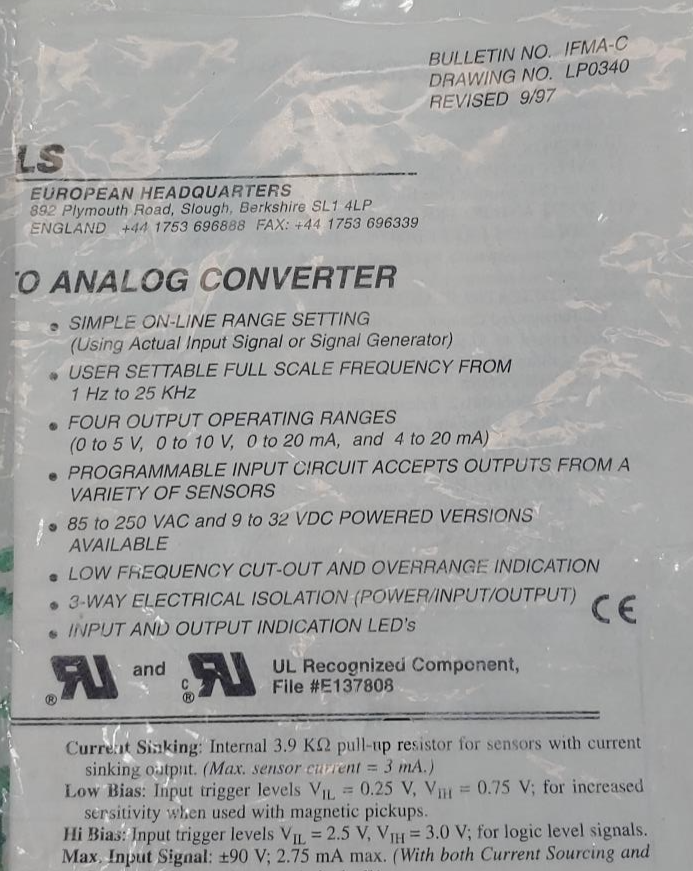 Red Lion Controls IMFA Din-Rail Frequency to Analog Converter Model IMFA-0065