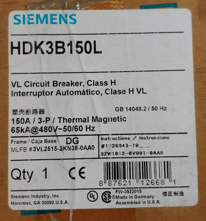 Siemens VL Circuit Breaker 150A / 3-P / Thermal Magnetic Cat.# HDK3B150L