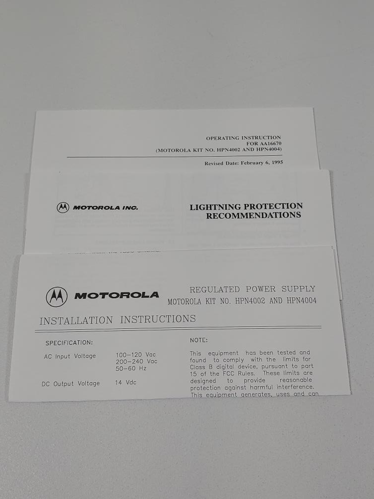 Motorola Regulated Power Supply Kit Model HPN4002B