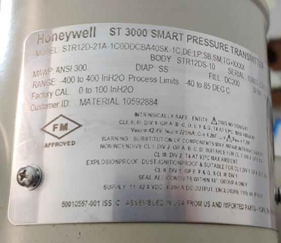 Honeywell ST3000 Smart Pressure Transmitter 2" 300# F316L Diaphragms
