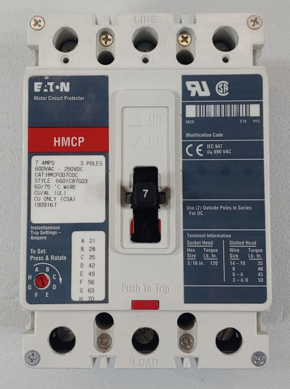 Eaton Motor Circuit Protector 7Amp 600VAC 3-Pole 250VDC HMCP007COC