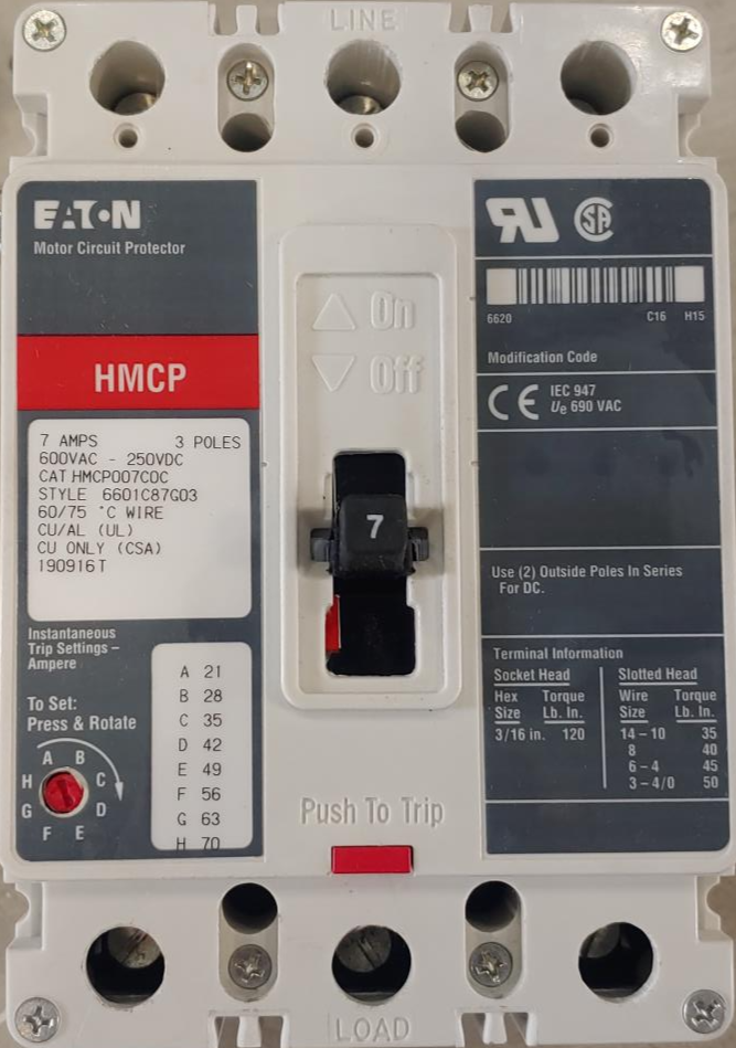 Eaton Motor Circuit Protector 7Amp 600VAC 3-Pole 250VDC HMCP007COC