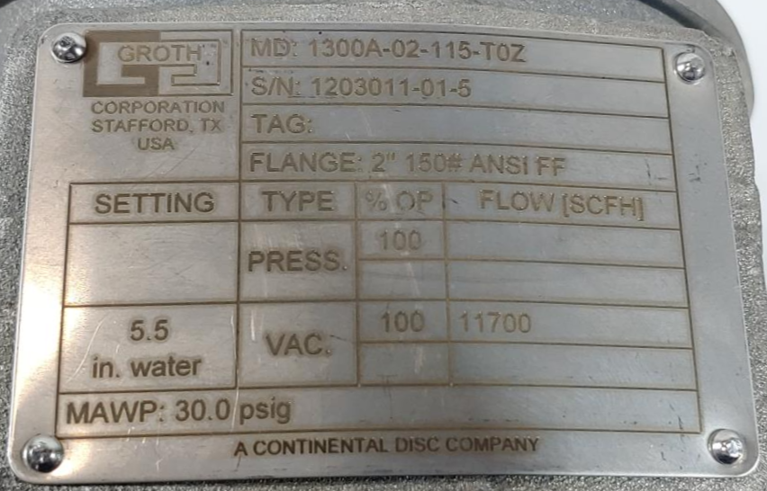 Groth 2" FF 150 Aluminum Vacuum Pressure Relief Vent Valve 1300A-02-115-TOZ
