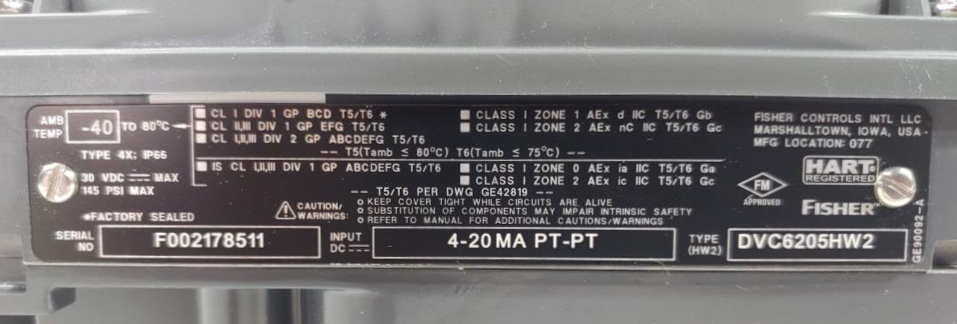 Fisher Fieldvue DVC6200 Digital Single Action Valve Positioner DVC6205HW2