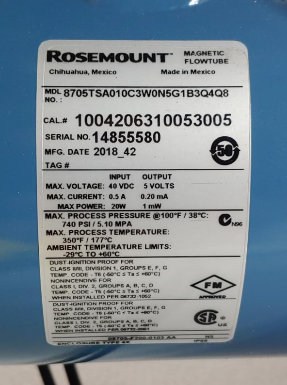 Rosemount 1" 300# Flanged 8700 Magnetic Flowtube Model 8705TSA010C3W0N5G1B3Q4Q8