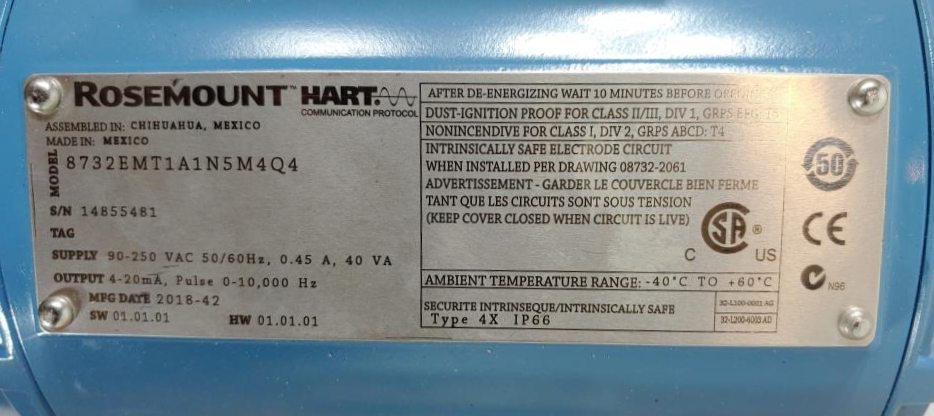 Rosemount 1" 300# Flanged 8700 Magnetic Flowtube Model 8705TSA010C3W0N5G1B3Q4Q8