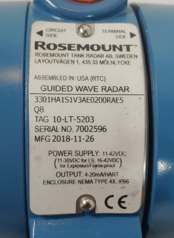 Rosemount 2" MNPT Guided Wave Tank Radar Model 3301HA1S1V3AE0200RAE5Q8