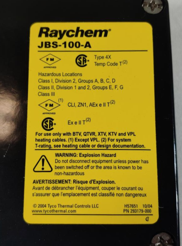 Raychem Tyco Power Connection Kit W/ Junction Box Catalog# JBS-100-A