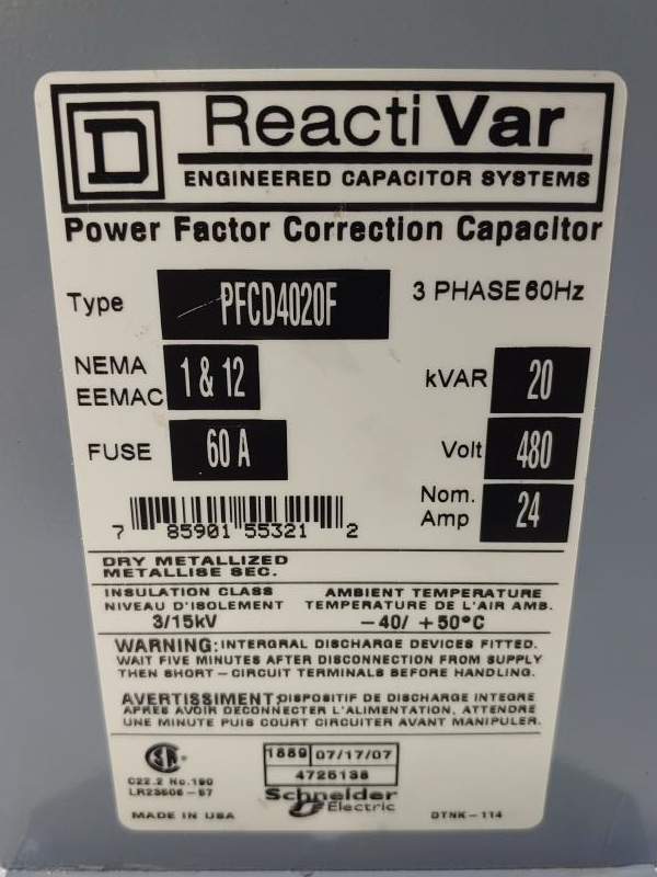 Square D ReactiVar Power Factor Correction Capacitor 3 Phase, 480 Volt PFCD4020F