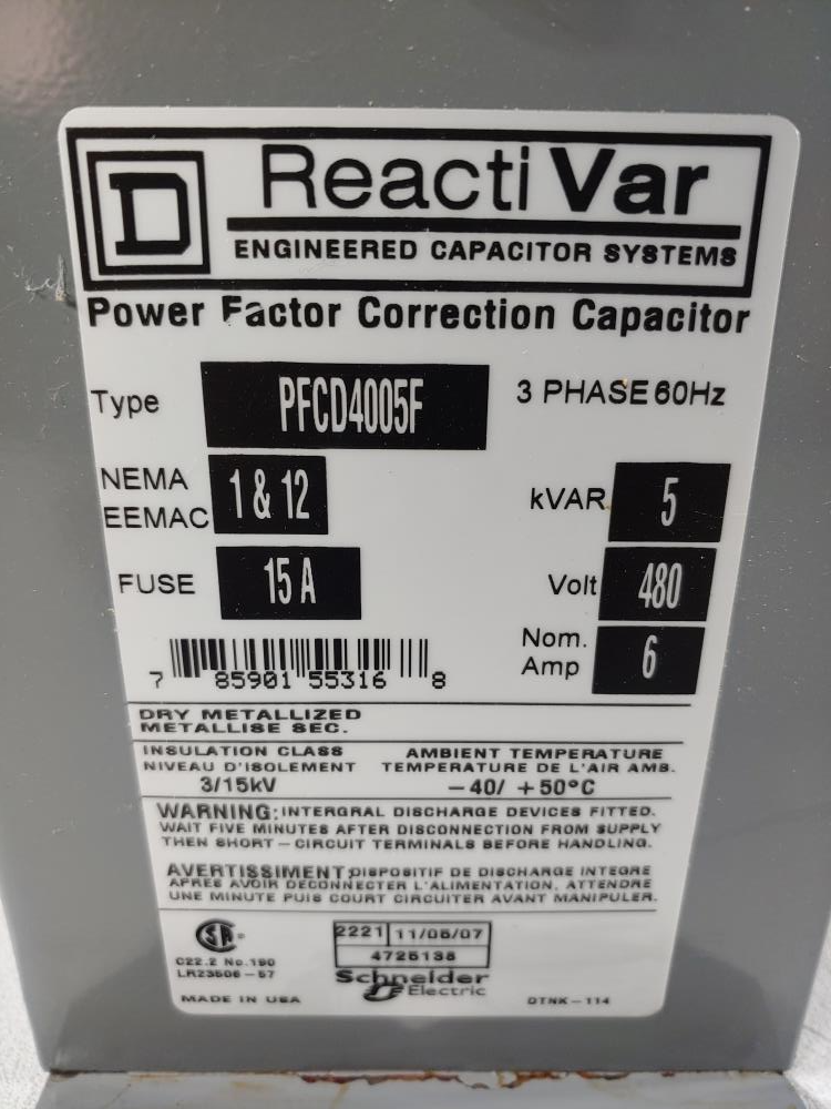 Square D ReactiVar Power Factor Correction Capacitor 3 Phase, 480 Volt PFCD4005F