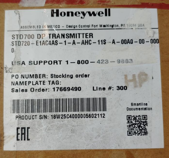 Honeywell STD700 SmartLine Differential Pressure Transmitter STD720-E1SN6AS