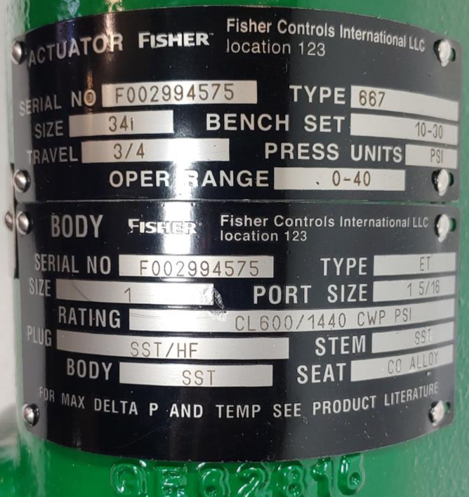 Fisher Controls 1" 600# CF8M ET Valve Size 34i 667 Actuator Fieldvue Positioner