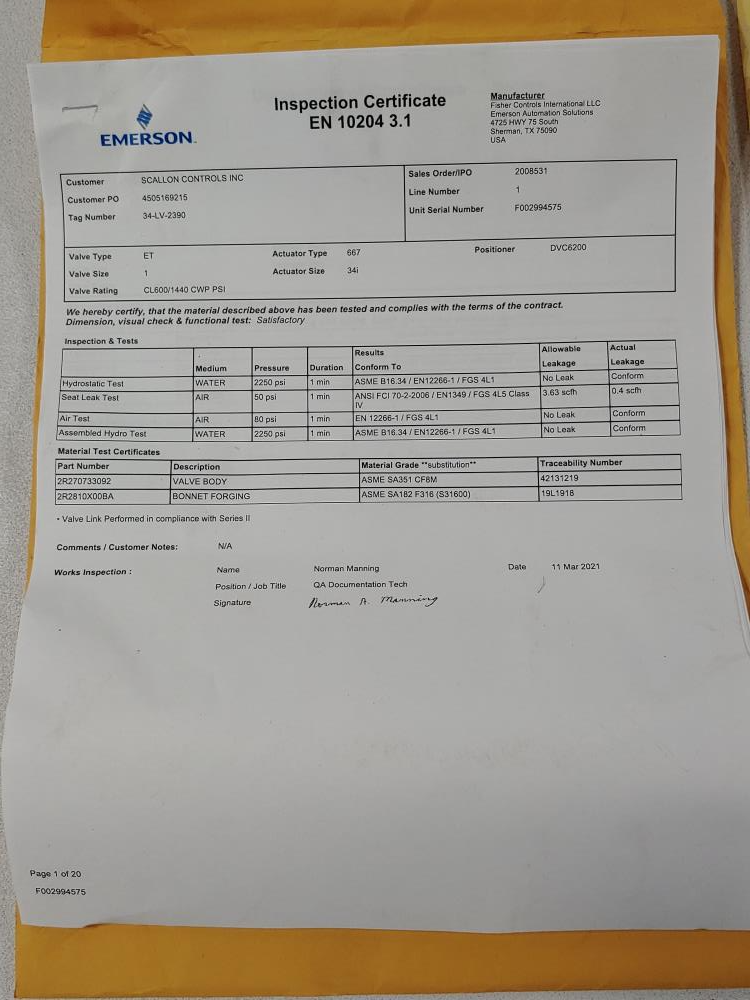 Fisher Controls 1" 600# CF8M ET Valve Size 34i 667 Actuator Fieldvue Positioner