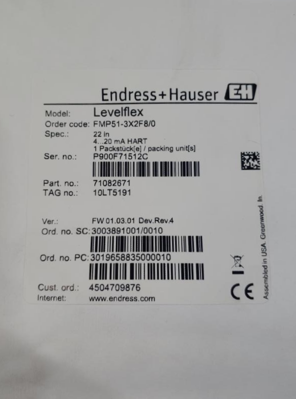 Endress Hauser Levelflex FMP51-3X2F8/0 Guided Wave Radar Level Transmitter