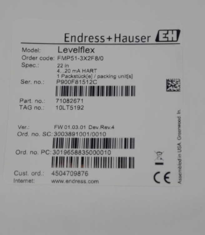 Endress Hauser Levelflex FMP51-3X2F8/0 Guided Wave Radar Level Transmitter