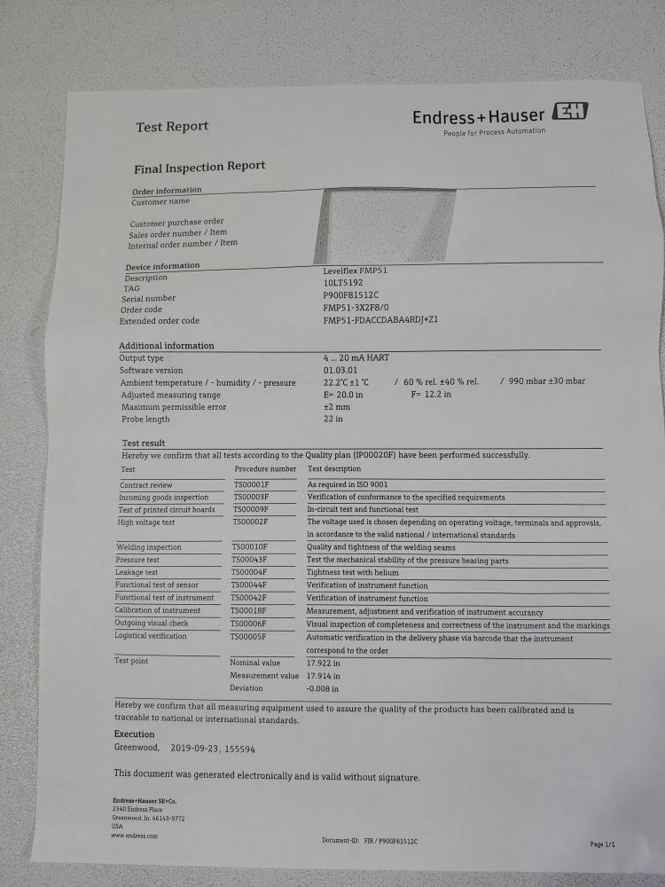 Endress Hauser Levelflex FMP51-3X2F8/0 Guided Wave Radar Level Transmitter