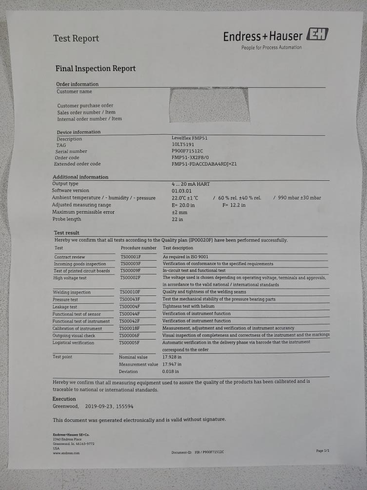 Endress Hauser Levelflex FMP51-3X2F8/0 Guided Wave Radar Level Transmitter