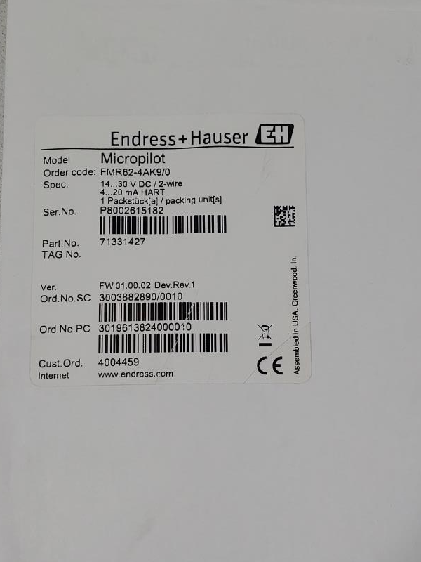 Endress Hauser FMR62 6" 150# 316L Flanged Radar Level Transmitter FMR62-4AK9/0