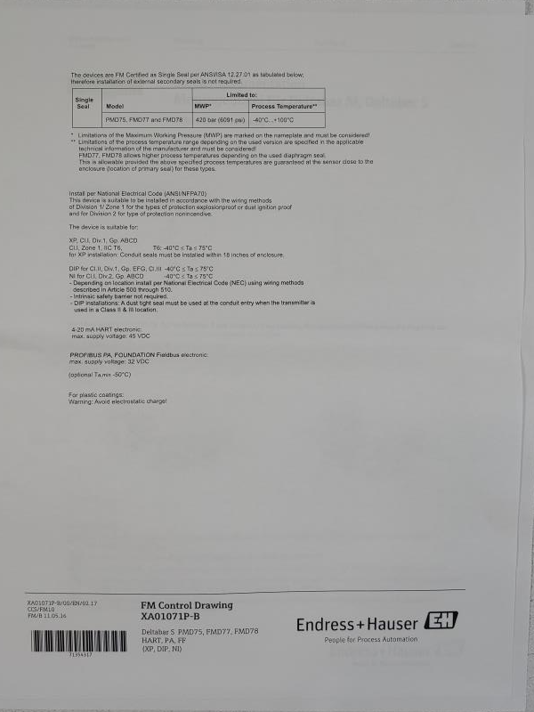 Endress Hauser PMD75-809Q8/101 Deltabar S Differential Pressure Transmitter 