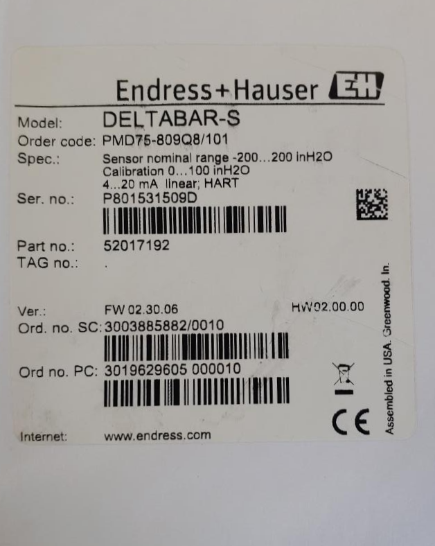 Endress Hauser PMD75-809Q8/101 Deltabar S Differential Pressure Transmitter 