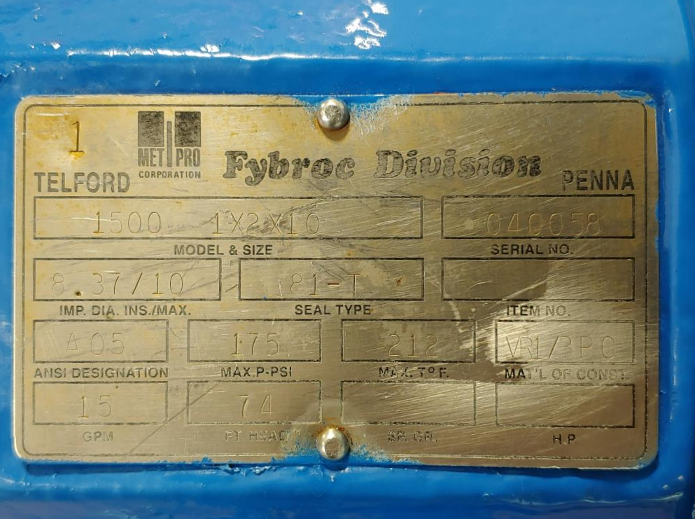 Fybroc Division Teleford 1"x2"x10" Centrifugal Pump Model 1500