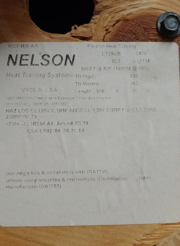 (1) Reel 500' Nelson LT25CB 240V Heat Trace 
