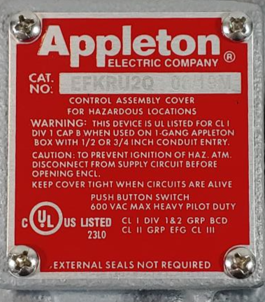 Appleton Push Button Rocker Switch for Hazardous Locations Cat# EFKRU2Q