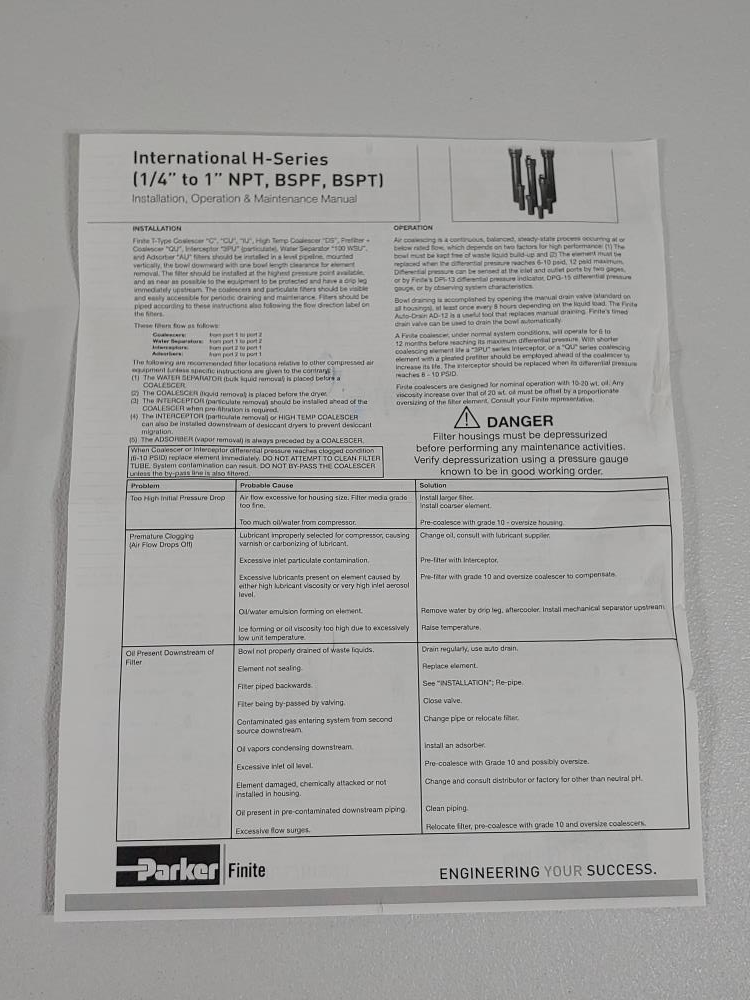 Parker Finite 1/2" NPT Coalescing HSG Filter w/Autodrain Part# HN2S-6QUA