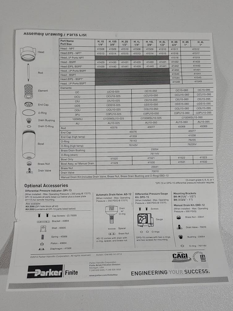 Parker Finite 1/2" NPT Coalescing HSG Filter w/Autodrain Part# HN2S-6QUA