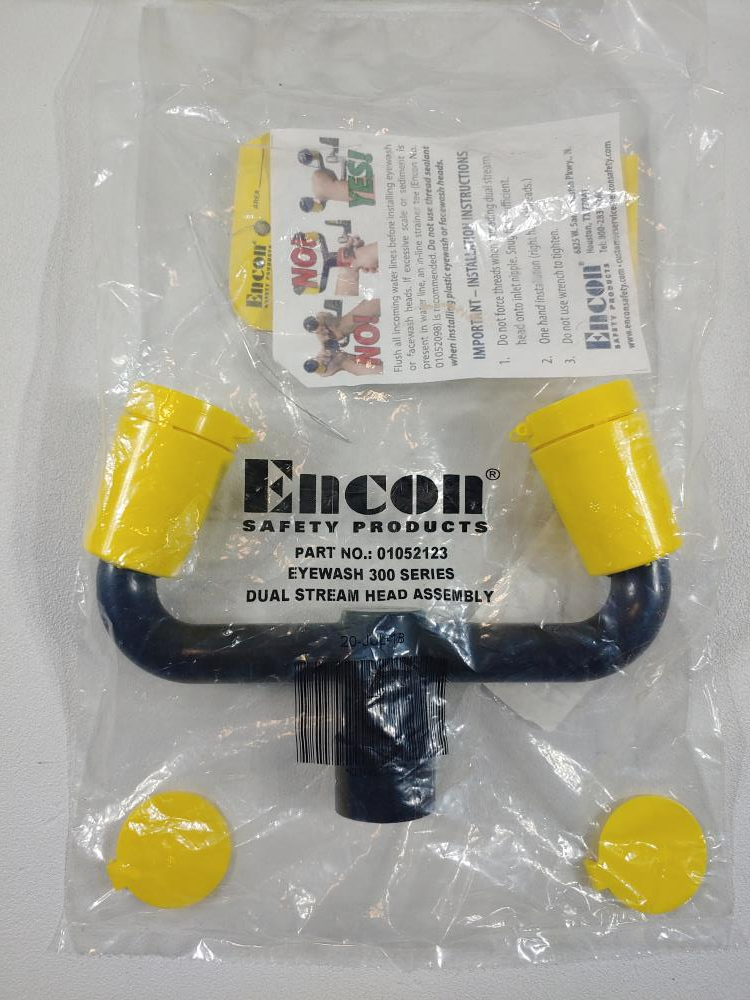 Lot of (2) Encon Eyewash Assembly, ABS Heads & Wye w/Flip Lids, 01052123