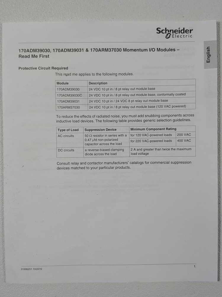 Schneider Modicon Discrete I/O Module Momentum - 10I / 8O Relay 170ARM37030