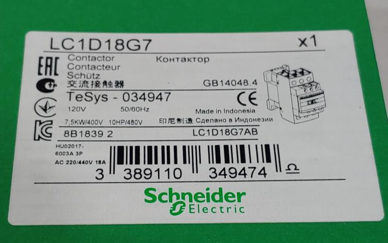 Schneider Electric 120V AC IEC Magnetic Contactor 3 Pole Non-reversing LC1D18G7