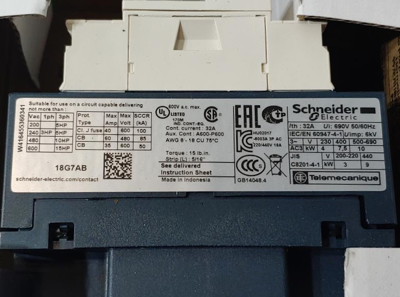 Schneider Electric 120V AC IEC Magnetic Contactor 3 Pole Non-reversing LC1D18G7