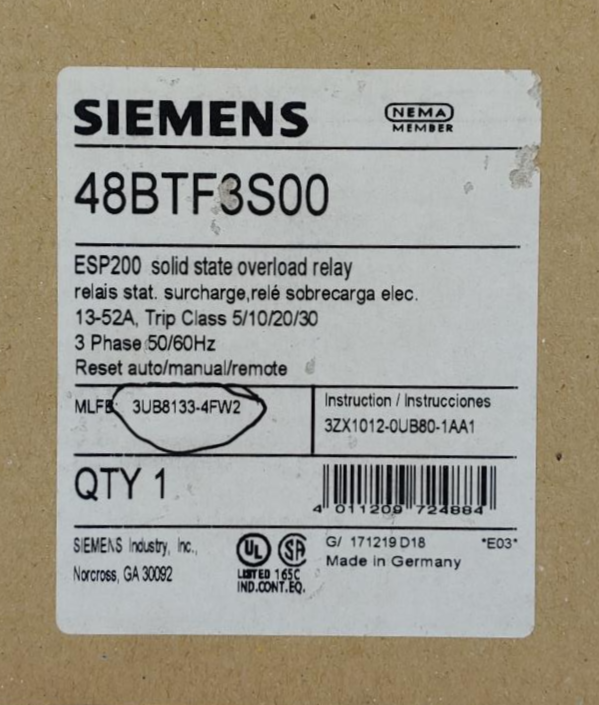 Siemens ESP200 Solid State Relay Cat# 48BTF3S00