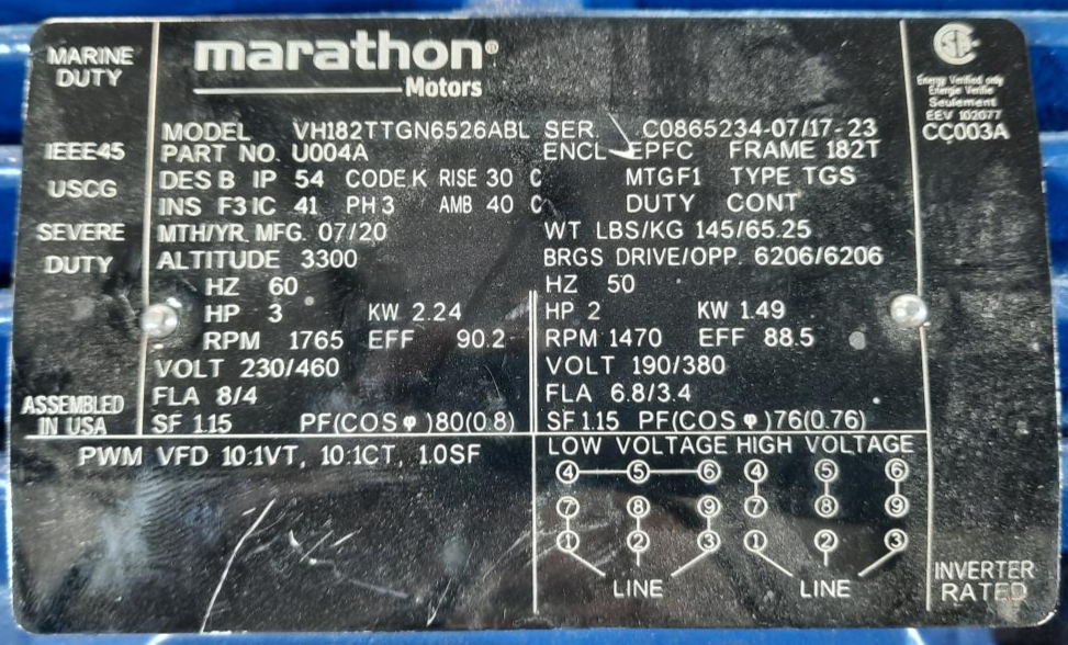 Marathon Electric 2HP/5 HP 1765/1470 RPM 182T Frame 230/460 Volt Explosion Proof