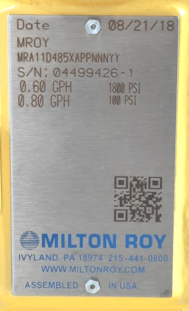 Milton Roy Critical Process Control mRoy MRA Series Pump MRA11D485XPPNNNYY