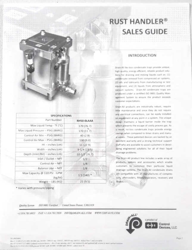 Drain-All Condensate Drain Rust Handler, Model RH