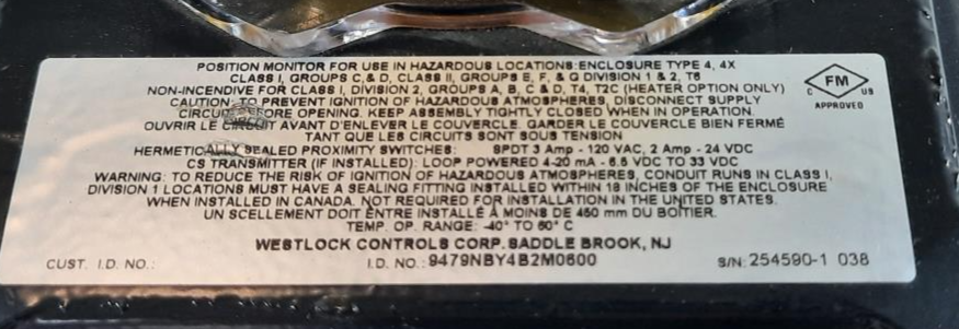 Westlock Proximity switch Controls Position Monitor 9479NBY4B2M0600