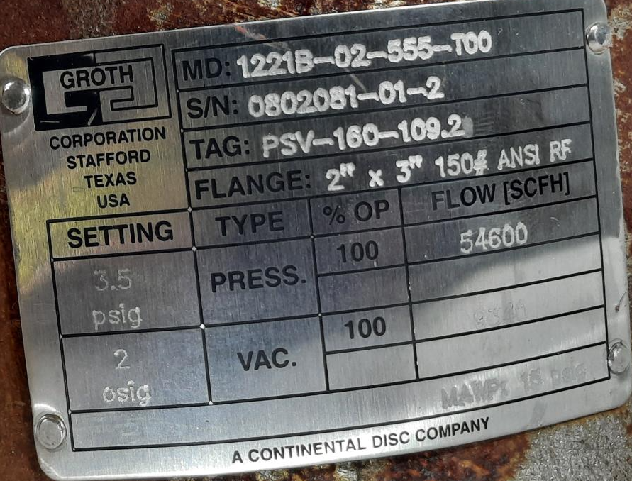 Groth 2" 150# CF8M Vacuum Relief Valve  1221B-02-555-T00 (3.5 PSIG)