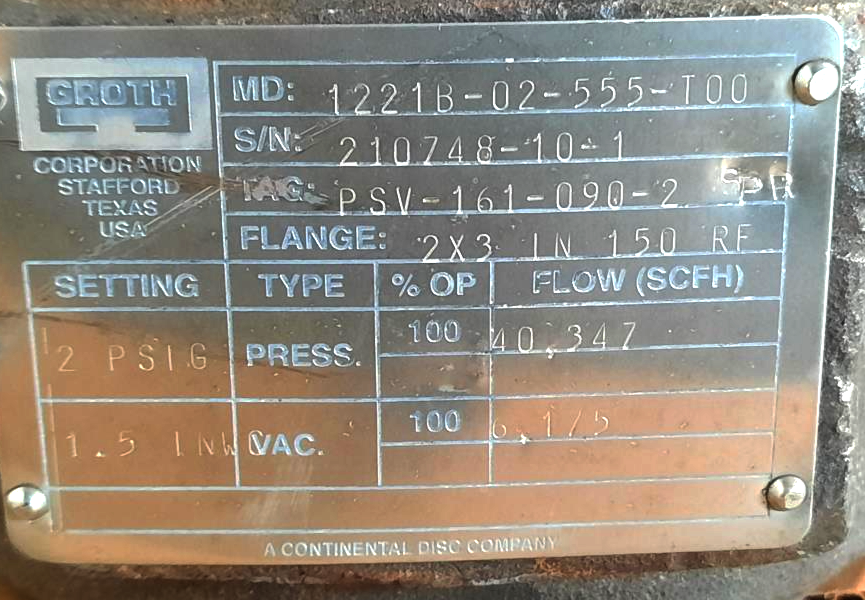 Groth 2" x 3" 150# CF8M Pressure Vacuum Relief Valve  1221B-02-555-T00 (2 PSIG)