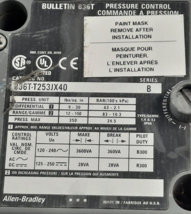 Allen Bradley 836T-T253JX40 Pressure Control Series B