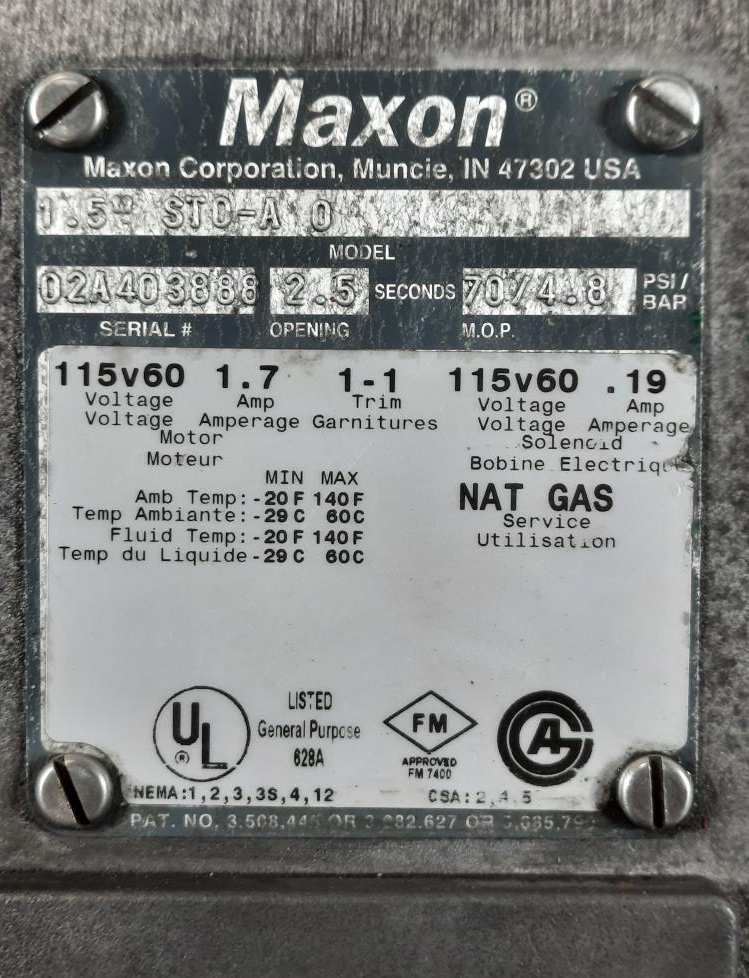Maxon 1-1/2” Actuated “STO” Natural Gas Vent Valve, 1.5” STO-A 0