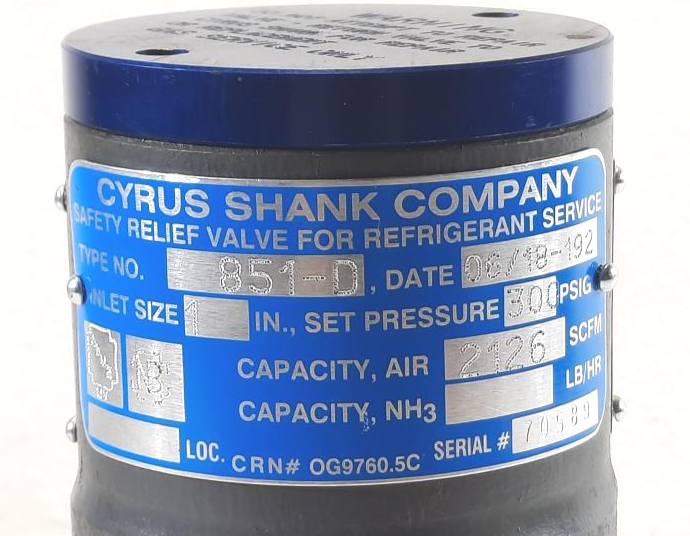 Cyrus Shank 1" x 2"  Safe Relief Valve, 851-D, 300 PSIG