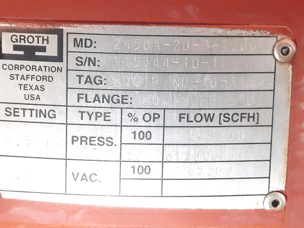 Groth 20" Emergency Pressure Vacuum Relief Vent Valve 2450A-20-3-E200
