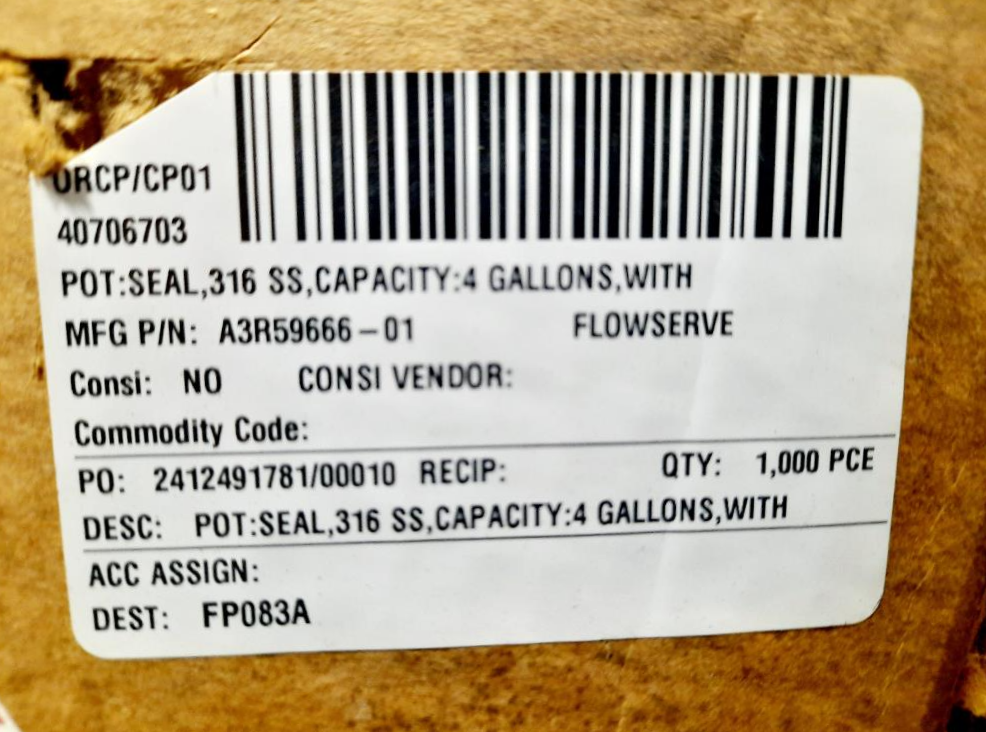 Flowserve 4 Gallon SS Seal Pot, 400 PSI @ 100°F, P/N: A3R59666-01